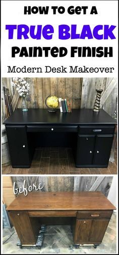 Painted Furniture Black, How To Paint Furniture Black, Black Chalk Paint Furniture, Repaint Furniture, Painted Desks, Desk Chair Makeover, Nest Diy, Redone Furniture, Desk Makeover Diy