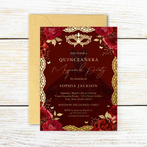 Masquerade Party Red Gold Rose Dress Quinceanera Foil Invitation - tap/click to get yours right now! #FoilInvitation #quinceanera, #birthday, #15th #rose, #dress, Gold Rose Dress, Masquerade Party Invitations, Invitations Quinceanera, Dress Quinceanera, Sweet Sixteen Invitations, Quinceanera Party, Foil Invitations, Quinceanera Invitations, Masquerade Party