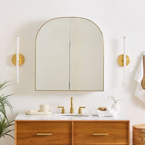 Bathroom Renovation | West Elm Cute Medicine Cabinet, Large Medicine Cabinet Mirror, Arched Mirror Bathroom, Gold Medicine Cabinet, Small Modern Bathroom, Arch Mirror Bathroom, Large Medicine Cabinet, 1st House, Recessed Medicine Cabinet