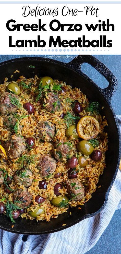 One-Pot Greek Orzo with Lamb Meatballs - GoodFoodBaddie Greek Orzo Pasta, Greek Meatballs Recipe, Lamb Meatballs Greek, Food Baddie, Greek Orzo, Roasted Red Pepper Hummus, Vegan Recipes Plant Based, Orzo Recipes, Lamb Meatballs