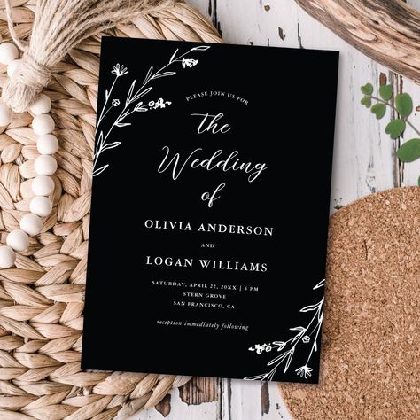 This lovely rustic wedding invitation features a chic black background with white hand-drawn wildflowers and elegant typography. It's the perfect design for a rustic yet elegant wedding! See the collection for coordinating items. Black And Pampas Wedding, Black And White Boho Wedding, Black And White Rustic Wedding, Black Western Wedding, Black And White Wedding Invites, Black Rustic Wedding, Simple Rustic Wedding, Summer Fall Wedding, Western Wedding Decorations