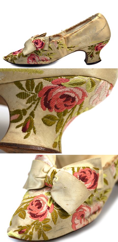 1886 Embroidered Floral Evening Shoes, USA. Via Shoe Icons. Tudor Shoes, Victorian Heels, Rococo Shoes, 18th Century Shoes, Tudor Royal, Century Shoes, Historical Shoes, Victorian Shoes, 18th Century Fashion