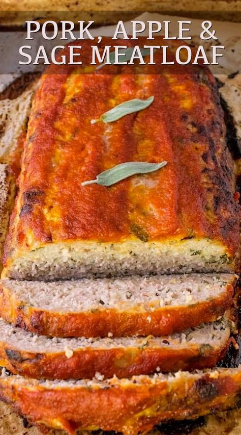 Pork, apple and sage meatloaf has all the flavors of the season in one big package. Not only a very tasty meal, but makes great leftovers too. Perfect comfort food with all the flavors of fall. #meatloaf #porkmeatloaf #comfortfood Fall Meatloaf, Sage Meatloaf, Pork Meatloaf, Pork Apple, Ground Meat Recipes, Best Meatloaf, Pork Dinner, Loaf Recipes, Minced Meat