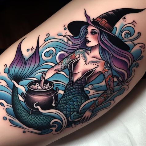 Undead Mermaid Tattoo, Ocean Witch Tattoo, Warrior Mermaid Tattoo, Mermaid Scale Tattoo Designs, Pinup Mermaid Tattoo Vintage, Witch Mermaid Tattoo, Witchy Mermaid Tattoo, Spooky Mermaid Tattoo, Sea Witch Tattoo Ideas