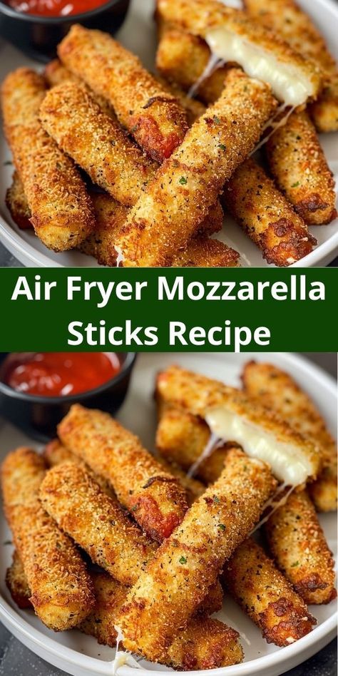 Quick air fryer mozzarella sticks: crunchy outside, gooey inside. Perfect for a fast, tasty snack or appetizer. Air Fryer Mozzarella Sticks, Air Fryer Mozzarella, Homemade Mozzarella Sticks, Mozzarella Sticks Recipe, Air Fryer Recipes Appetizers, New Air Fryer Recipes, Air Fryer Recipes Snacks, Layered Salad Recipes, Cheesy Snack