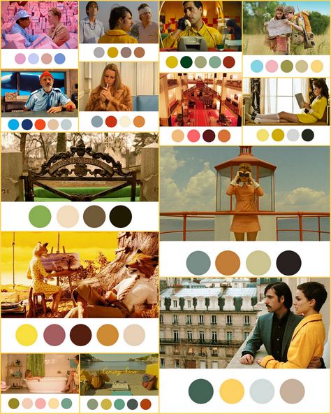 Wes Anderson palettes Wes Anderson Aesthetic Bathroom, Wes Anderson Aesthetic Outdoor, Wes Anderson Screenshots, Wes Anderson Inspired Branding, Wes Anderson Collage, Wes Anderson Colour Palette, Wes Anderson Scenes, Wes Anderson Stills, Wes Anderson Living Room