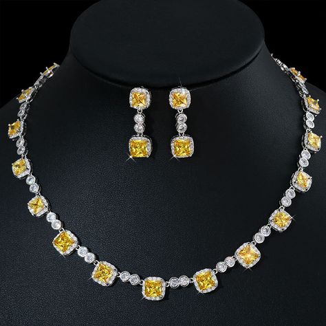 If you’re looking for a fine jewelry which looks sepecial,   precious stone please  consider cubic zirconia in bridal necklace which suitble for wedding jewelry set/Party Jewelry Royal Necklace Jewelry, Yellow Jewelry Set, Royal Jewelry Aesthetic, Drag Accessories, Neo Soul Fashion, Crystal Bridal Jewelry Sets, Bridesmaid Duties, Diamond Jewelry Set, American Diamond Necklaces