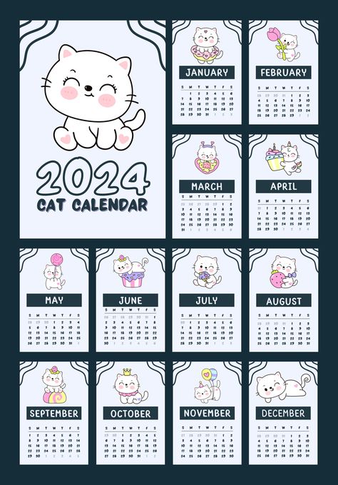 Cat Calendar 2024, Cute Calendar 2024, Cute Calendar Ideas, Calendar Design Template, Kalender Design, Study Planner Printable, Cat Calendar, Hello Kitty Crafts, Cute Calendar