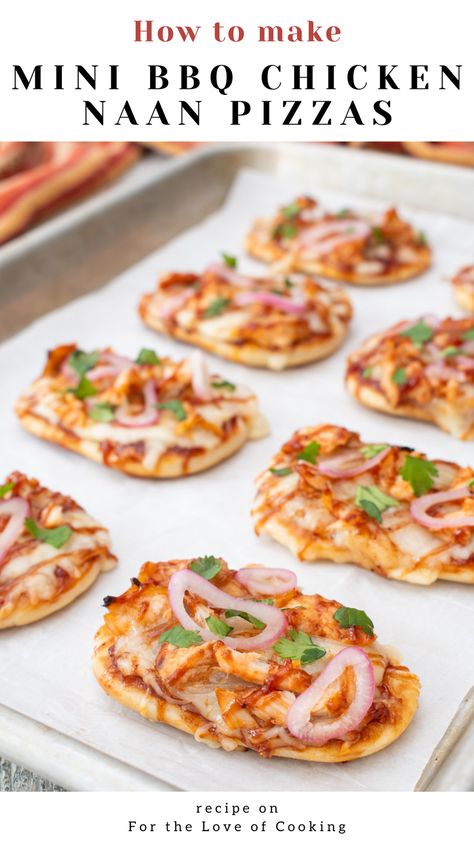 These tasty mini BBQ chicken naan pizzas are cheesy, spicy, sweet, flavorful, and easy to make.  New Recipe ~ Mini BBQ Chicken Naan Pizzas  Link: https://fortheloveofcooking.net/recipe/mini-bbq-chicken-naan-pizzas  #recipe #naanpizza #minipizza #bbqchickenpizza #fingerfood #easyrecipes #quickmeals #summermeals #easydinner Naan Bread Chicken Pizza, Naan Dippers, Leftover Roasted Chicken, Mini Naan, Naan Pizzas, Best Frosting, Pecan Frosting, Recipes With Naan Bread, Coconut Pecan Frosting