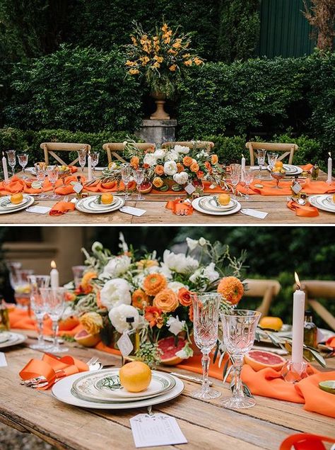 Yellow And Orange Tablescape, Tuscan Themed Bridal Shower Ideas, Brunch Moodboard, Citrus Wedding Decor, Tuscan Style Garden, Italian Bridal Showers, Orange Wedding Decorations, Tangerine Wedding, Orange Wedding Themes