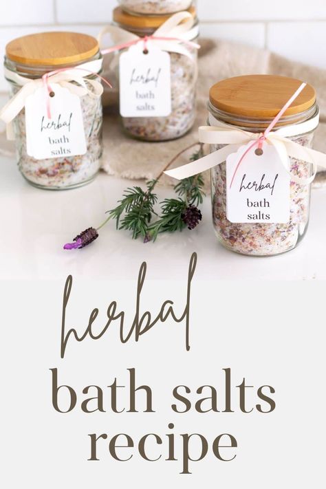 Herbal Bath Salts Recipe Homemade Bath Salts Recipe, Herbal Bath Salts, Salt Recipes, Salt Gifts, Bath Salts Recipe, Bath Salts Diy, Epsom Salt Bath, Bath Recipes, Dried Lavender Flowers