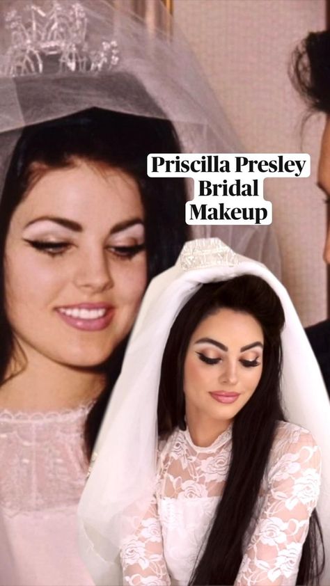 Fashion Show Makeup Ideas, Priscilla Presley Wedding Dress, Pricilla Presley Makeup, Priscilla Presley Eyeliner, Priscilla Presley Outfits 60s, Priscilla Presley Fashion, Priscilla Presley 60s, Vintage Hollywood Makeup, Priscilla Presley Makeup Eye