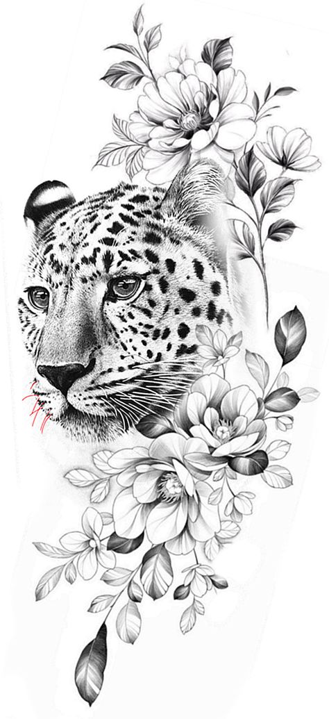 Rose And Leopard Print Tattoo, Cheetah With Flowers Tattoo, Leopard Flower Tattoo, Leopard Hip Tattoo, Cheetah Tattoo For Women On Thigh, Animal Floral Tattoo, Cheetah Tattoo For Women Sleeve, Giraffe Tattoo With Flowers, African Animal Tattoo