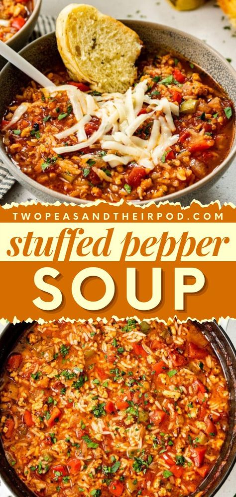 This Stuffed Pepper Soup is a hearty and easy dinner recipe that tastes just like stuffed peppers. Made with basic ingredients, this one-pot meal is one of the best comfort food dinner recipes to try! Save this pin! Green Pepper Soup, Bell Pepper Soup, Easy Stuffed Peppers, Quick And Easy Soup, Stuffed Pepper, Pepper Soup, Delicious Soup Recipes, Stuffed Pepper Soup, Crock Pot Soup