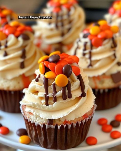 Recipes Lovers with Olivia | 🧁 Reese's Pieces Cupcakes 🧁 | Facebook Chocolate Peanut Butter Ganache, Fluffy Peanut Butter Frosting, Peanut Butter Ganache, Butter Ganache, Reese's Pieces, Peanut Butter Frosting, Butter Frosting, Chocolate Peanuts, Chocolate Peanut Butter