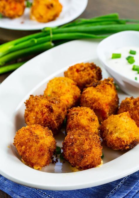 Fried Pimento Cheese Balls, Pimento Cheese Ball Recipe, Pimento Cheese Balls, Pimento Cheese Fritters, Fried Cheese Balls, Cheese Balls Recipe, Fried Peppers, Ranch Dipping Sauce, Cream Cheese Ball