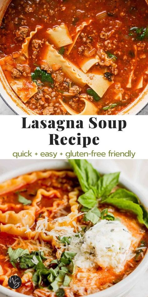 Lasagna Soup - a quick and easy recipe for making a flavorful homemade lasagna soup! Top it with our ricotta mixture and freshly grated parmesan cheese to bring even more great flavor. The whole family is going to love it! This recipe is gluten-free friendly. Lasagne Soup Recipe Vegetarian, Lasagna Soup Ricotta, Ricotta Meal Ideas, Raos Lasagna Soup, Gluten Free Soups In Instant Pot, Gluten Free Lasagna Soup Crock Pot, Gluten Free Lasagna Soup Recipe, Lasagna Soup Without Ricotta, Gf Lasagna Soup