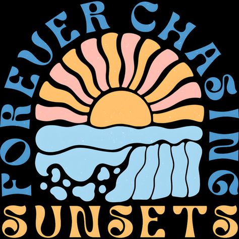 Forever Chasing Sunsets T-Shirt: Boho Sunset Design is a Men's T-Shirt designed by DesignedByMarty to illustrate your life and is available at Design By Humans Beach Graphic Tee, Casual Beach T-shirt With Graphic Design, Sunset Logo Design, Sun Graphic, Retro Text Print T-shirt For Beach, Sunset Logo, Summer Surfing Graphic Print T-shirt, Graphic Surfing T-shirt With Screen Print, Retro Sunset Tshirt