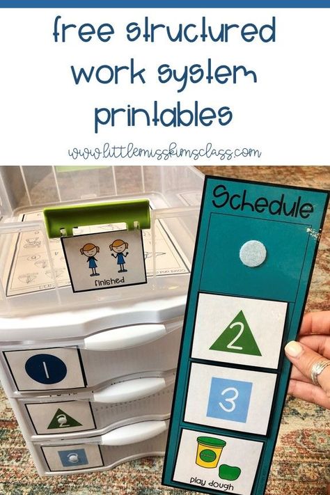 FREE printables for 3 different structured / independent work systems. This post includes pictures and video examples for setting up independent work stations in special education classrooms! Independent Stations Special Education, Work Stations For Special Needs, Work System Tasks, Independent Work Stations Sped, Independent Work Stations Set Up, Preschool Independent Work, Structured Classroom Special Education, Work Systems Special Education, Structured Work Systems