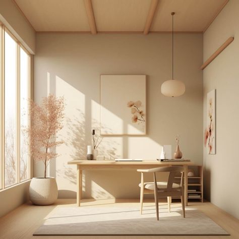 How to Create a Japandi Office - The Zen Workspace Japandi Office Room, Japanese Home Office Design, Japandi Office Interior, Japandi Small Office, Japandi Style Office Design, Home Office Scandinavian Style, Japandi Home Office Desk, Japandi Work Desk, Japandi Study Room