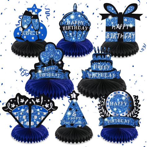 Denim Birthday Party Theme, Birthday Centerpieces For Men, Blue And Black Birthday, Centerpieces For Party For Men, Blue Birthday Party Decorations, Navy Blue Party Decorations, Birthday Party Decorations For Men, Blue Birthday Themes, Honeycomb Table