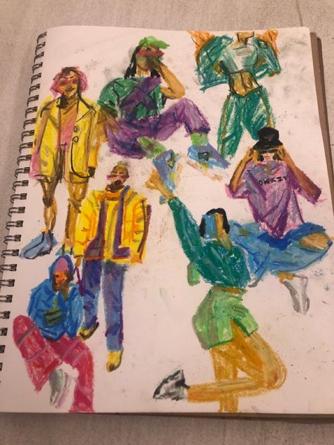 Art Student Aesthetic Fashion, Pentel Arts Oil Pastels, Aesthetic Crayon Drawings, Oil Pastel Fashion Illustration, Sketchbook Oil Pastels, Crayons Drawing Aesthetic, Aesthetic Crayon Art, Pastel Color Drawing Ideas, Pentel Oil Pastels Art