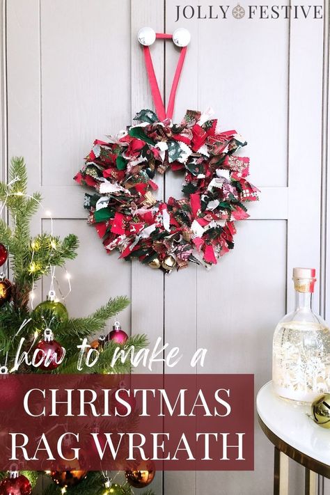 Christmas Wreaths Rags, Christmas Rag Wreath Diy, Fabric Christmas Wreaths To Make, Christmas Rag Wreath Ideas, Rag Wreaths How To Make A, Rag Wreath Ideas, Diy Rag Wreath, Fabric Christmas Wreath, Christmas Rag Wreath