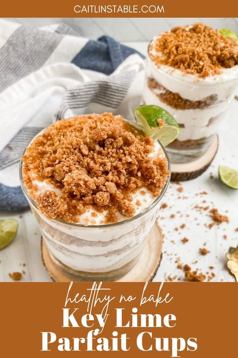 These healthy key lime parfait cups are quick and easy no bake desserts for one or a crowd. Made with a delicious yet simple blend of cottage cheese, lime juice, maple syrup, 30 cookies and butter, chill your dessert cups for 30 minutes then enjoy. No Bake Desserts For One, Lime Parfait, Key Lime Parfait, Desserts For One, Healthy Key Lime, Healthy Key Lime Pie, Cottage Cheese Dessert Recipes, 30 Cookies, Vegan Key Lime