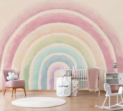 Wall Mural Pink, Font Wallpaper, Rainbow Wall Mural, Pastel Rainbow Wall, Decal Wallpaper, Rainbow Bedroom, Rainbow Decal, Girls Wall Stickers, Rainbow Wall Decal