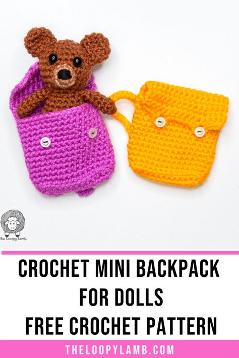 Crochet Backpack For Doll, Crochet Doll Backpack, Crochet Small Backpack, Crochet Toddler Purse Pattern Free, Crochet Mini Backpack Free Pattern, Amigurumi Backpack, Crochet Mini Backpack, Crochet Minis, Amigurumi Bag