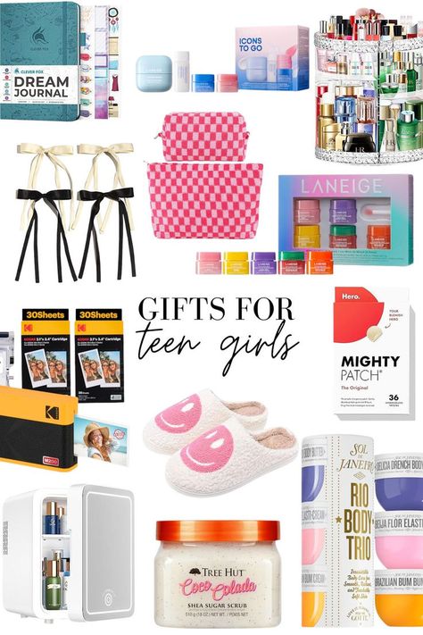 Collage of gifts for teen girls and tweens including: Tree Hut, slippers, sol de janeiro, Laneige, cosmetic organizers, a Kodak mini printer and more Teen Birthday Basket Ideas, Gift Baskets For Teenage Girl, Presents For Teenage Girls Gift Ideas, What To Get Teen Girls For Christmas, Teen Gift Basket Ideas, Things For Christmas List For Teens, Gifts For Teenagers Girls Ideas, Christmas Present Ideas For Teenage Girl, Scotty Pippen