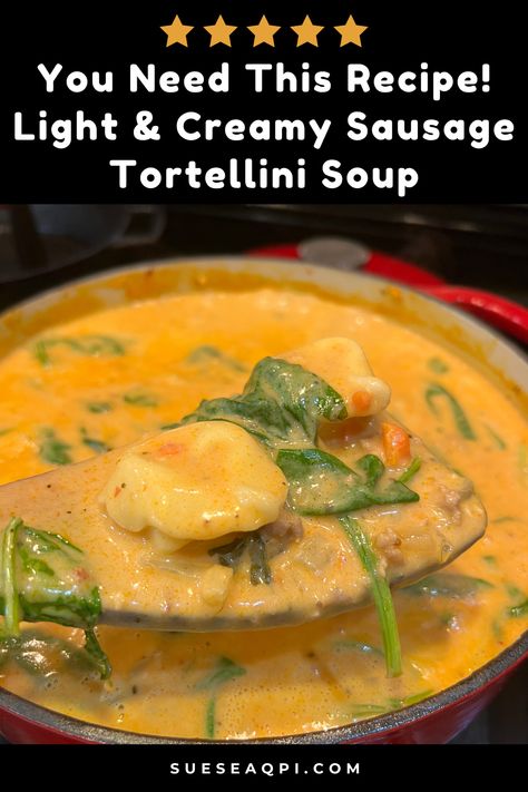 Warm up with this light & creamy homemade sausage tortellini soup – the perfect fall soup recipe! Packed with hearty sausage, tender tortellini, and a flavorful creamy broth, it's a comforting yet light meal ideal for chilly autumn days. Easy to make, this cozy soup is perfect for weeknight dinners or fall gatherings. Add some fresh herbs for extra flavor, and enjoy a bowl of comfort that feels like fall in every bite! Recipe on SueseaQPI.com Creamy Sausage Tortellini Soup, Creamy Sausage Tortellini, Fresh Peach Crisp, Lazy Dish, Sausage Spinach Pasta, Sausage Tortellini Soup, Sausage Tortellini, Bisque Recipe, Fall Soup