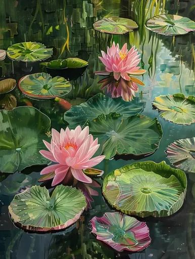 ↑↑↑ Larger size on website 🔸 A painting depicting a serene pond scene. Lush green lily pads float on the water's surface, adorned 🔸 From Midjourney AI Image Lily Pads Art, Water Lily Garden, Frog Pond Painting, Lily Pads Illustration, Lotus Pond Aesthetic, Lily Pad Decor, Lilly Pads Painting, Lilypads Art, Lily Pads Painting