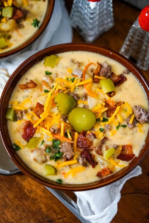 12 Tomatoes Extra Creamy Slow Cooker Cheeseburger Soup, Extra Creamy Slow Cooker Cheeseburger Soup, Low Carb Bacon Cheeseburger Soup, Slow Cooker Cheesy Burger Flavored Soup, Cheese Burger Soup Crockpot, Bacon Cheese Burger Soup, Bacon Mushroom Swiss Cheeseburger Soup, Spicy Cheeseburger Soup, Cheese Burger Soup