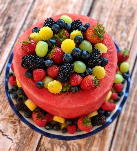 Watermelon Cake: Refreshing, Stunning and Top 9-Free - Allergic Living Fruit Salad Cake, Birthday Cake Alternatives, Fruit Birthday Cake, Fruit Cake Design, Melon Cake, Fresh Fruit Cake, Nursing Cake, Fruit Creations, Fruit Birthday