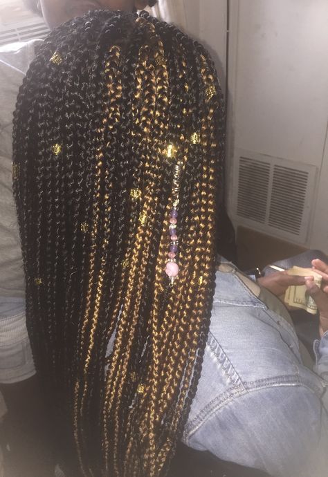 Black and Gold Individuals Black And Gold Box Braids, Gold Braids For Black Women, Black And Gold Braids, Box Braids Beads, Gold Braids, Black Box Braids, Protective Braids, Leo Sun, Braids For Black