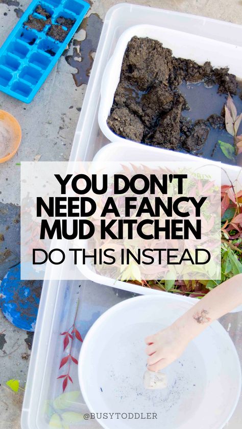 You don't need a fancy mud kitchen! Do this instead. (Image: a sensory bin mud kitchen) Mud Station Outdoor Play, Mud Pie Outdoor Play, Sandbox With Mud Kitchen, Portable Mud Kitchen, Make Your Own Mud Kitchen, Dollar Tree Mud Kitchen, Build A Mud Kitchen, Pvc Mud Kitchen, Mud Kitchen Cinder Blocks