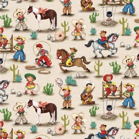 Happy Trails Cream Rodeo Round Up Cowboy Fabric, Cowboy Quilt, Horse Fabric, Cowhide Print, Cowboy Horse, Little Cowboy, Michael Miller Fabric, Happy Trails, Cow Girl