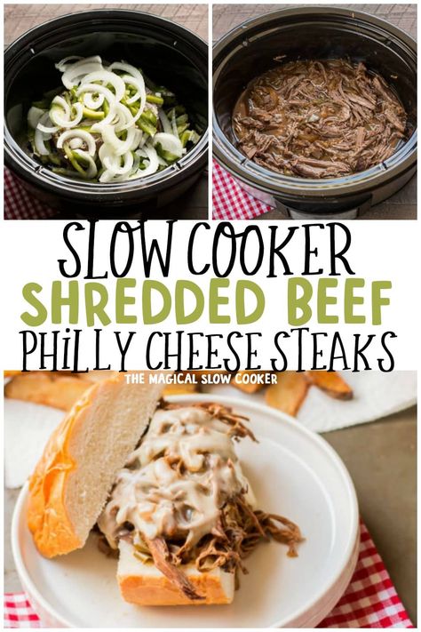 Slow Cooker Shredded Beef Philly Cheese Steak have tender beef, onion, and peppers. Pile on a bun and top with Swiss cheese. - The Magical Slow Cooker Philly Cheese Steak Pot Roast, Beef Swiss Steak Recipes Crock Pot, Philly Steak In Crockpot, Philly Cheese Steak Crock Pot Easy, Shredded Steak Crockpot, Shredded Beef Philly Cheesesteak, Philly Cheese Steak Roast Beef, Slow Cooker Shredded Beef Philly Cheese Steaks, Shaved Beef Steak Recipes Philly Cheese Crockpot