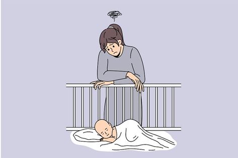 Tired Mother, Post Partum, After Pregnancy, Baby Crib, Young Woman, Postpartum, Vector Illustration