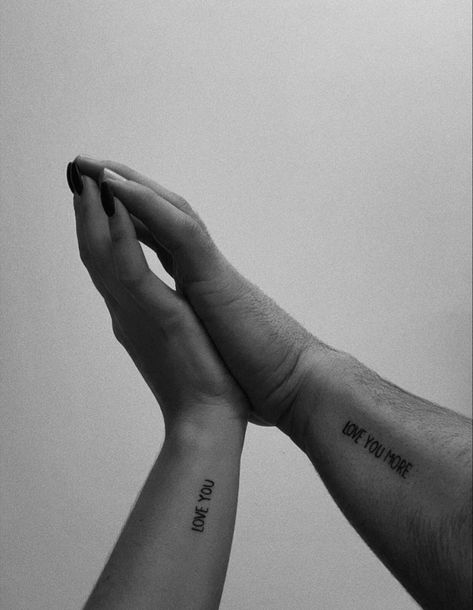 #tattoo #coupletattoos #love #loveyoumore #tinytattoosideas #couples Lowkey Matching Couple Tattoos, I Love You Couple Tattoos, Love U More Tattoo, Matching Tattoo Placement Ideas, Pair Tattoos Love, Matching Couple Tattoos Unique Love, Tiny Couple Tattoos, Amor Fati Tattoo, Matching Tats For Couples