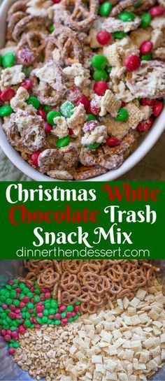 Christmas White Chocolate Trash Snack Mix with pretzels, cereal, peanuts and chocolate coated candies all tossed together with a generous coating of white chocolate. White Chocolate Trash, Christmas White Chocolate, Dessert Christmas, Chex Mix Recipes, Christmas Candy Recipes, Snack Mix Recipes, Holiday Snacks, Chex Mix, S'mores