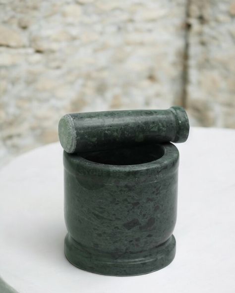 Discover the timeless elegance of our Green Marble Mortar and Pestle. The cool, smooth surface of the mortar provides the perfect base for grinding and crushing herbs, spices and grains. The matching pestle, expertly carved to fit the mortar’s contours, ensures efficient and effortless preparation. #mortarpestle #StoneSymmetry #kitchenessentials #marblehandicrafts Dm to order! (Marble Handicrafts, Mortar and Pestle, Kitchen Essentials, Stone Symmetry, Product Launch) Rustic Wood Bowl, Green Garlic, Must Have Kitchen Gadgets, Eco Friendly Kitchen, Gourmet Cooking, Spice Grinder, Chef Life, Green Marble, Cooking Essentials