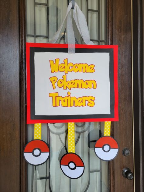 Welcome Pokemon Trainers Sign, Pikachu Party Food Ideas, Pokemon Themed Party Games, Pokemon Go Party, Pokémon Themed Party, Pokémon Birthday Party Favors, Pokemon Kids Party, Pokemon Sleepover Party, Pokemon 4th Birthday Party