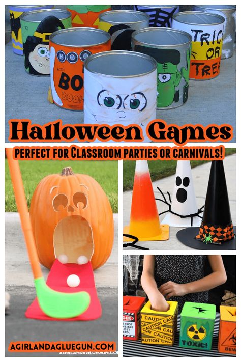 Halloween Kid Games, Easy Halloween Games, Halloween Carnival Games, Trick Or Treat Games, Classroom Party Games, Diy Carnival Games, Diy Halloween Crafts, Carnival Games For Kids, Halloween Party Activities