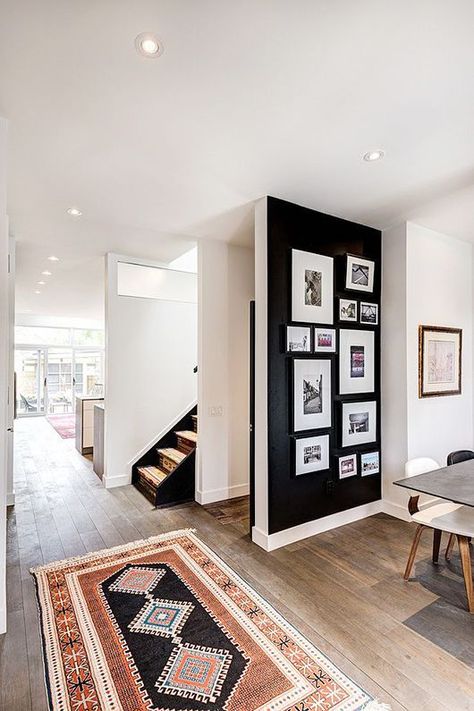 black paint accent wall/gallery wall/black frames/white mats/Dark, Moody Accent Walls with Photo Galleries Mixed Tiles, Picture Rails, Koti Diy, Flooring Laminate, Black Accent Walls, Interior Boho, 아파트 인테리어, Hus Inspiration, Decoration Inspiration