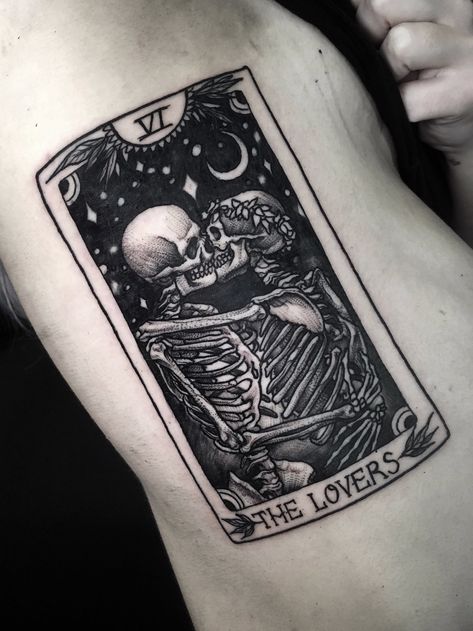 Tattoo uploaded by Betty | “The lovers” tarot card. #thelovers #betty #tarot #tarotcard #skeleton #kiss | 1038547 | Tattoodo Skeleton Lover Tattoo, Tarot Card Tattoo Skeleton, Tattoo Ideas Tarot Cards, Karma Tarot Card Tattoo, The Lovers Tarot Tattoo, Skeleton Lovers Tattoo, Tarot Card Drawings, The Lovers Tarot Card Tattoo, The Lovers Tattoo