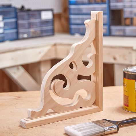 Best suited for exterior use. Use as house or porch trim. Available in pine and vinyl. Leave unfinished, or use paint or stain to customize. Ornamental 0.75-in x 10.5-in x 10.5-in Corner Bracket Brown Unfinished Pine Wood Paintable/Stainable Corbel | 10052 Wood Corbels Diy, Porch Trim, Door Brackets, Custom Wood Furniture, Wooden Corbels, Fireplace Shelves, Wooden Brackets, House Trim, Luxury Furniture Living Room