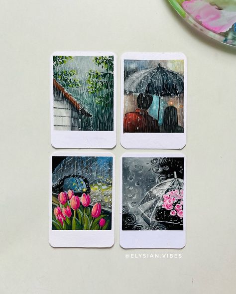 Monsoon Painting, Rain Paintings, Rain Aesthetics, Easy Gouache, Rain Artwork, Rain Drawing, Polaroid Painting, Aesthetic Rain, Painting On Cardboard