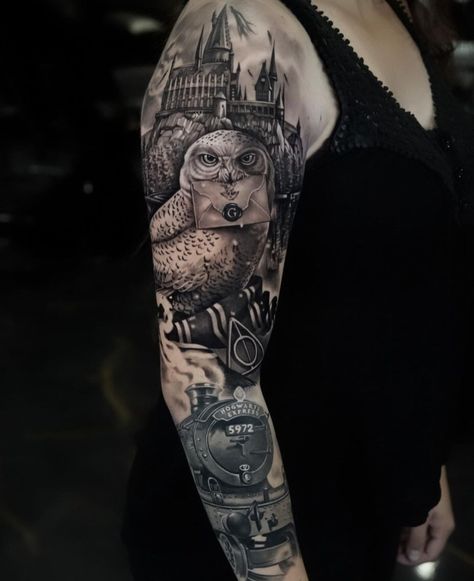 Harry Potter Back Tattoos For Women, Harry Potter Tattoos Realistic, Harry Potter Full Leg Tattoo, Sleeve Tattoos Harry Potter, Harry Potter Full Sleeve Tattoos, Harry Potter Leg Tattoos Women, Harry Potter Newspaper Tattoo, Harry Potter Tattoos Hedwig, Harry Potter Sleeves